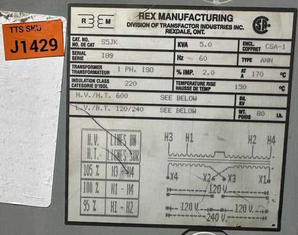 5 KVA 600 Primary, 120/240 Secondary, Rex Mfg. (Transfactor Industries Inc.) Single-Phase Isolation - Image 2