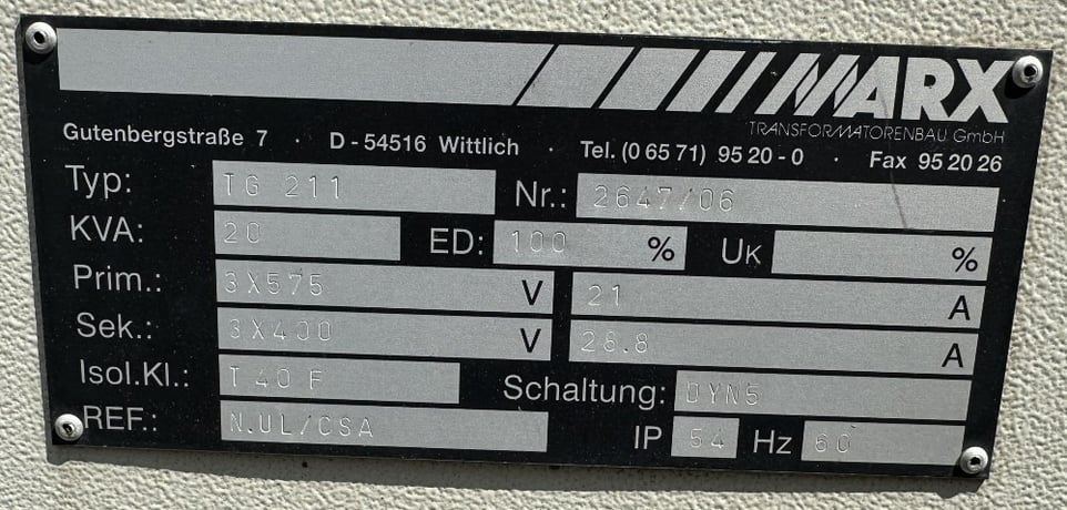 20 KVA 575 Delta Primary, 400Y Secondary, Marx Transformers G.m.b.h., Wittlich, Germany, 3-Phase Isolation - Image 1