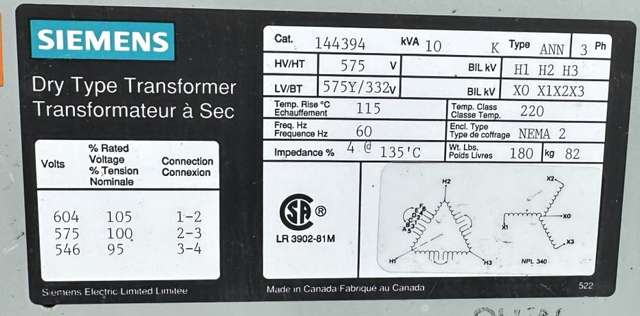 10 KVA 575 Delta Primary, 575Y/332 Secondary, Siemens Electric Ltd., 3-Phase Isolation Transformer, 60 Hz - Image 1