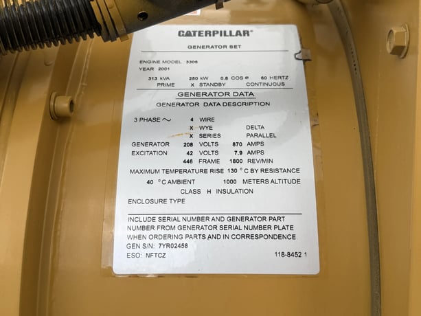 250 KW Caterpillar #3306, diesel generator set, 208 Volts, 3-phase, 574 hours, 382 HP @ 1800 RPM, EPA Tier 1 - Image 9