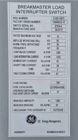 1200 Amp. General Electric, Breakmaster, 15 KV, Fused Outdoor Load Interrupter Switch, 95 KV BIL, 61 kA - Image 2