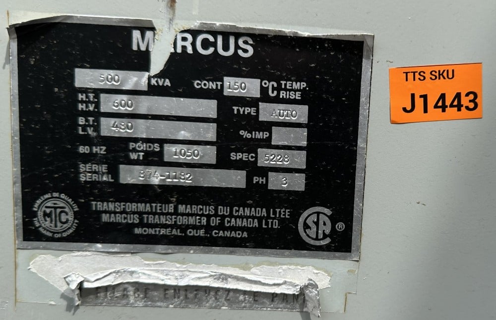 500 KVA 600 Primary, 480 Secondary, Marcus Transformer of Canada Ltd., 3-Phase auto transformer, Step-Down - Image 1