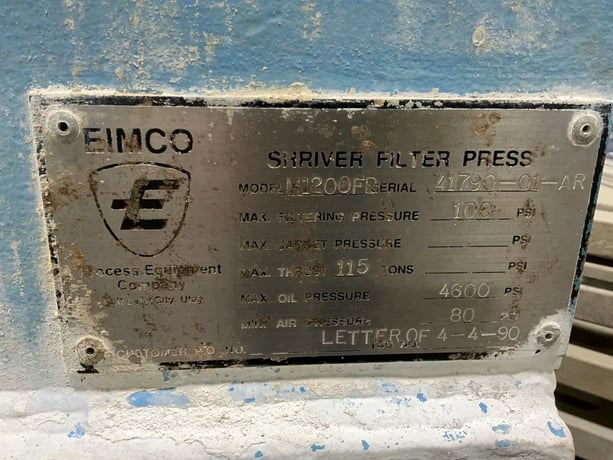 Eimco #M1200FB, Filter Press, 47" X 47" Plates, 115 Ton Max Thrust, 4600 PSI Max Oil Pressure, 1990 - Image 2