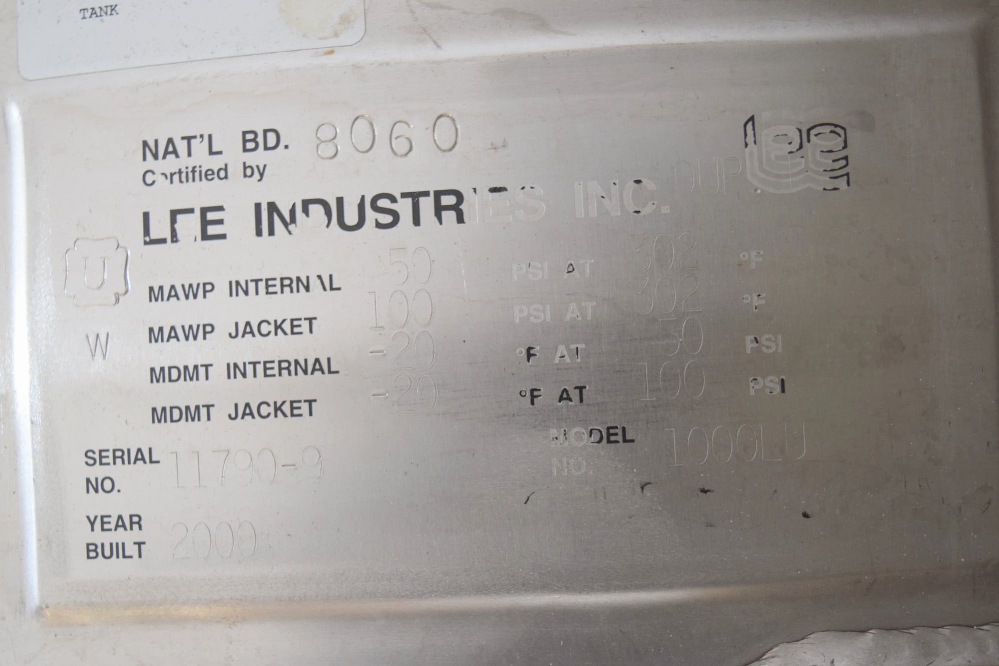 321 gallon Lee Industries #1000LU, Stainless Steel jacketed tank, 50 psi @ 302&deg;F internal, 100 psi jacket - Image 9