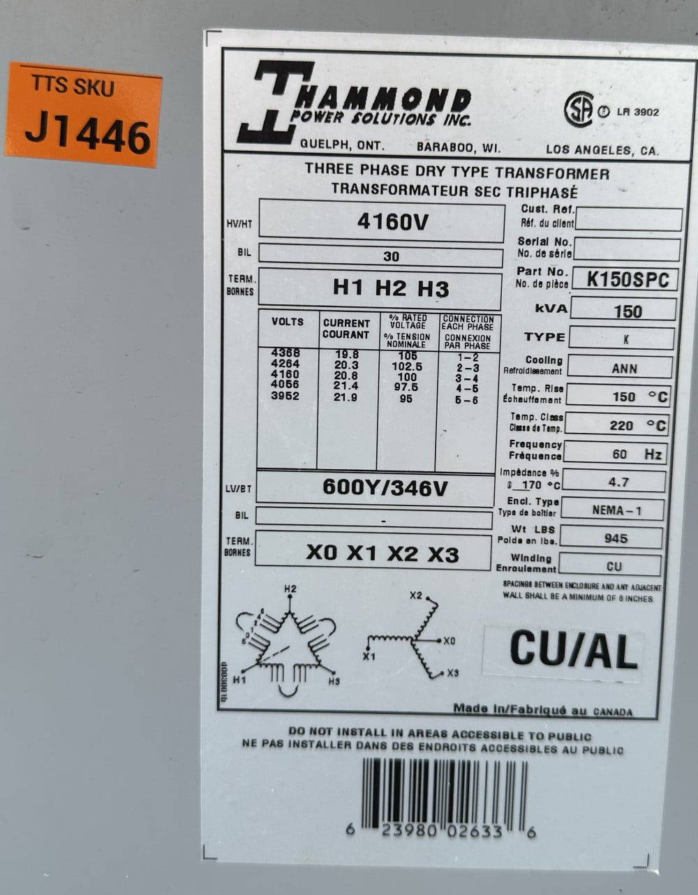150 KVA 4160 Primary, 600Y/346 Secondary, Hammond Power Solutions, Inc. 3-Phase Dry Type Transformer, CSA, 60 - Image 1