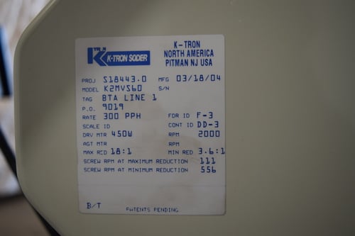 K-Tron Soder #K2MVS60, Hurricane Single Screw Volumetric Feeder, Hurricane un-loader & (2) K-Tron - Image 8
