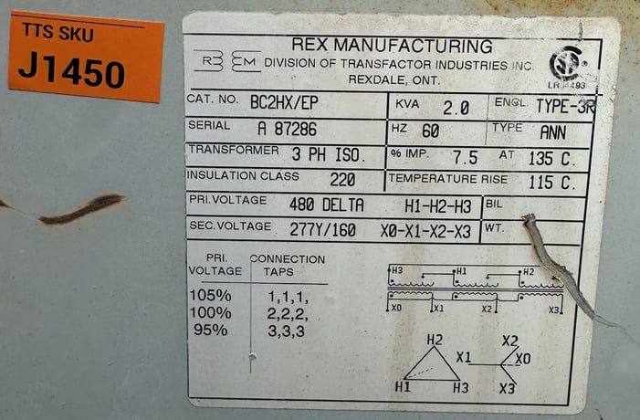 2 KVA 480 Delta Primary, 277Y/160 Secondary, Rex Manufacturing Mfg. (Transfactor Industries Inc.) 3-Phase - Image 1