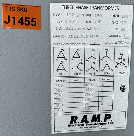 112.5 KVA 600 Primary, 480/120 Secondary, RAMP Electrical Transformer Ltd., 3-Phase Autotransformer - Image 1