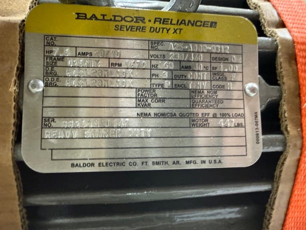 7.5 HP 1670 RPM Baldor, Frame 0256TY, TENV, 230/460 Volts, Heavy Shaker Duty, Baldor, New Surplus - Image 1