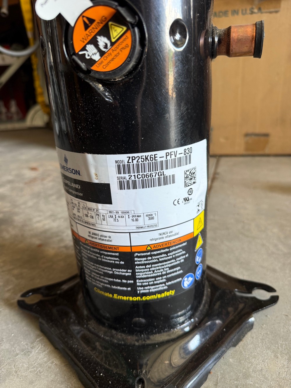 Copeland #ZP25K6E-PFV-830, Scroll Compressor. R410, 208/230V 1PH. 25000 BTU, Brand New - Image 1