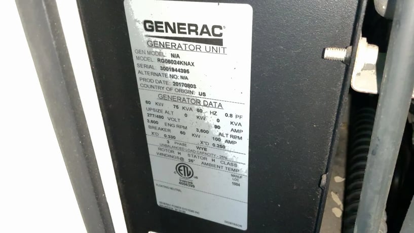 60 KW Generac #RG06024KNAX, Generator Set, 75 KVA, 3600 RPM, 3/60/277/480 Volts, 2017 - Image 2
