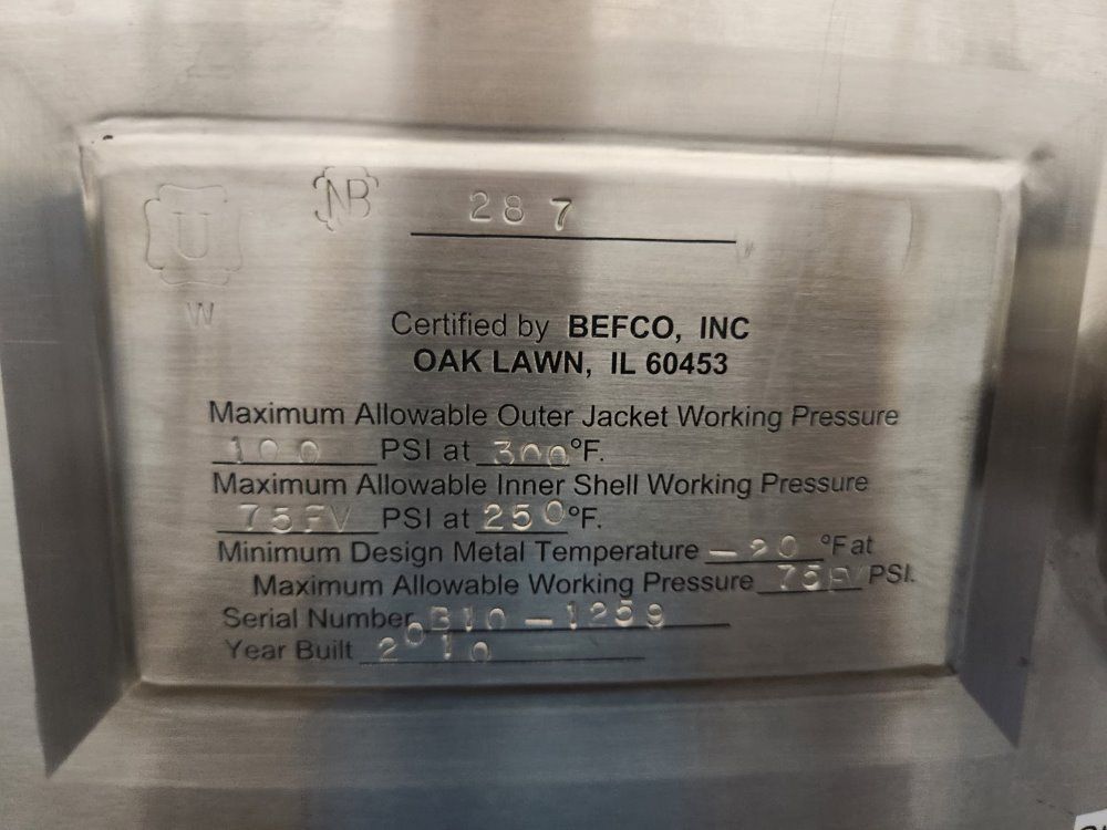 250 Gallon Befco Reactor, Stainless Steel, 42" diameter x 42" Straight Side, 100 PSI @ 300&deg;F, 75 PSI Jacket - Image 2
