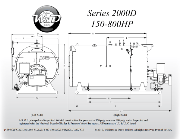 150 HP Williams & Davis, 2-Pass, dry-back design steam boiler, new - Image 1