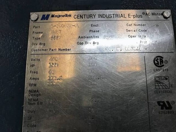 150 HP 1185 RPM Magnetek #D-390832-02, Century Industrial E-Plus electric motor, Frame 445T, 460 Volts, 173.2 - Image 7