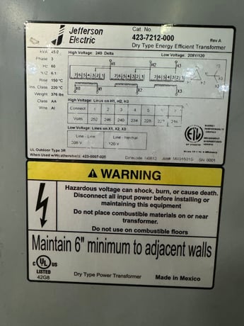 45 KVA 240 Delta Primary, 208Y/120 Secondary, Jefferson Electric Dry Type Transformer Line - Image 1