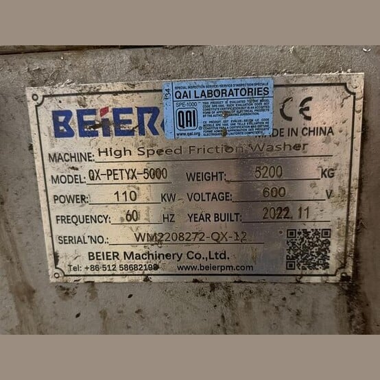Beier #QX-PETYX-5000, Hi-Speed Friction Washer, PET/HDPE/PP flakes, 110 KW, 600 Volt, 3PH, 2022 - Image 2