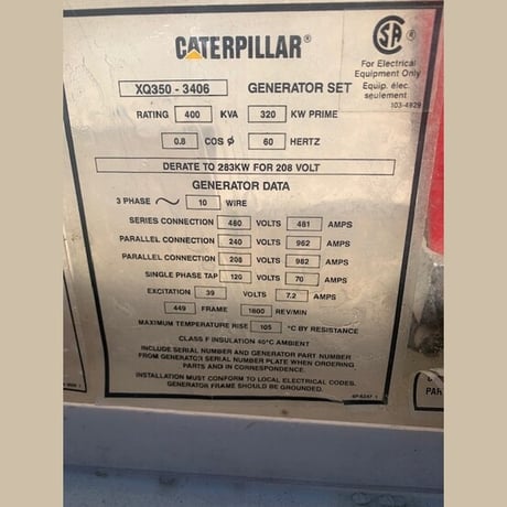 320 KW Caterpillar #XQ350-3406, Diesel Generator, CAT 3406 engine, 1800 RPM, 480 Volts, sound attenuated - Image 3