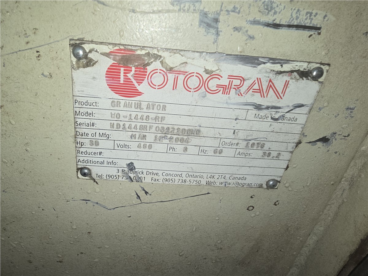 14" x 48" Rotogran #WO-1448-RF, roll feed granulator, 30 HP, 3 knife open rotor, 2 bed knives, 41" infeed - Image 10