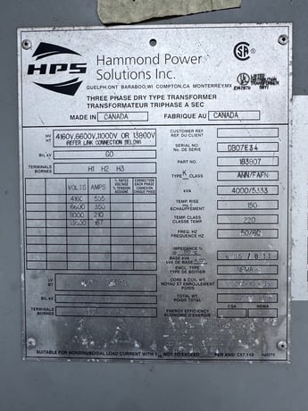 4000/5333 KVA 11000 Primary, 13800 Secondary, Hammond Transformer - Image 1