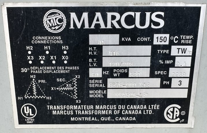 Marcus Transformer of Canada Ltd. 45 kVA, 3-Phase Isolation Transformer, 416 Delta to 120V/208V, CSA, 60Hz - Image 1