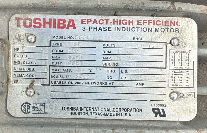 50 HP 1760 RPM Toshiba, Frame 326T, TEFC, 230/460 Volts, 3 phase Induction Motor, 118/59 amp, TIKK, (2 - Image 2