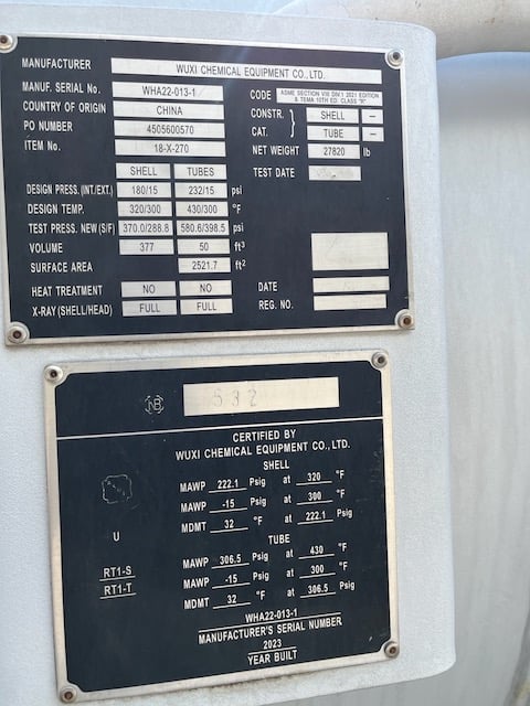 2521 sq.ft., 222, 306, Wuxi Chemical Equipment, 320°F shell, 430°F tube, 20' 2" tube length, 2023, unused - Image 8