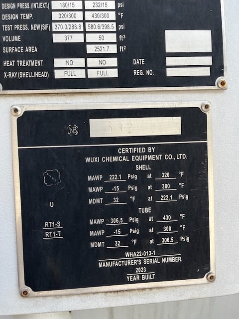 2521 sq.ft., 222, 306, Wuxi Chemical Equipment, 320°F shell, 430°F tube, 20' 2" tube length, 2023, unused - Image 10