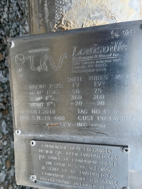 427 sq.ft., 50, 75, Louisville Exchanger & Vessel, 360°F, .75" tube diameter, 16' tube length, 2019 - Image 7