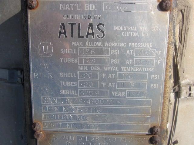 1075 sq.ft., Atlas, heat exchanger, Alloy 20 shell, 904L Stainless Steel tubes, .75" tube diameter, 18' tube - Image 5