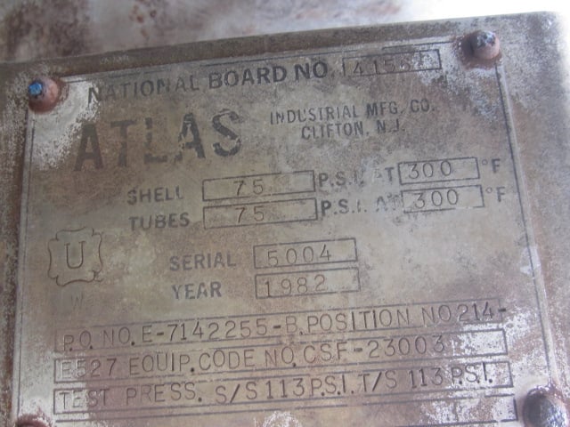 1780 sq.ft., 75 psi shell, 75 psi tube, Atlas Industrial, 300°F, .75" tube diameter, 12' tube length, 1982 - Image 2