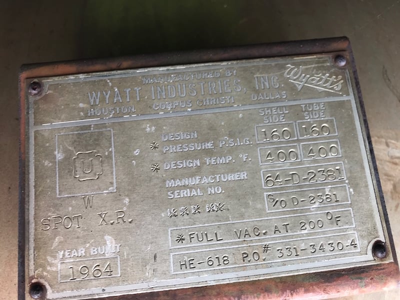 1988 sq.ft., 160 psi shell, 160 psi tube, Wyatt, 400°F, 1" tube diameter, 20' tube length, T-81 oh condenser - Image 2