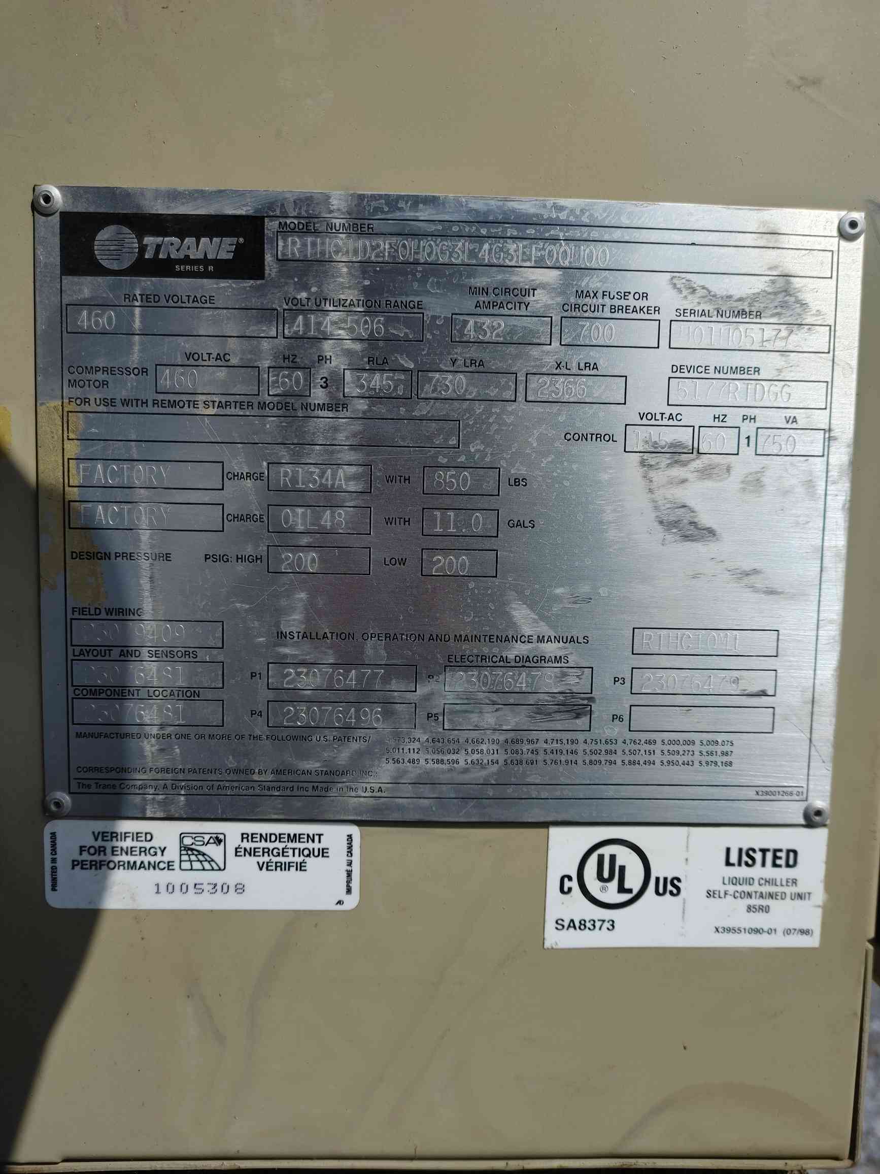 250 Ton, Trane #RTHC1D2F0, Water Cooled Rotary Screw Chiller, 460 V., 3 Ph. - Image 6