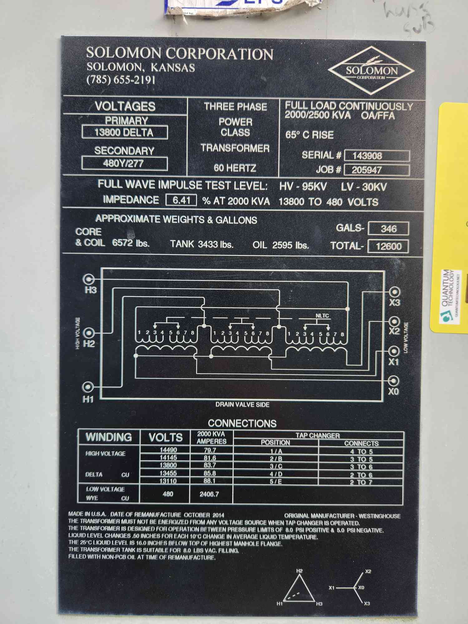 2000/2500 KVA 13800 Primary, 480Y/277 Secondary, Solomon Westinghouse, Substation Transformer, 3PH - Image 3