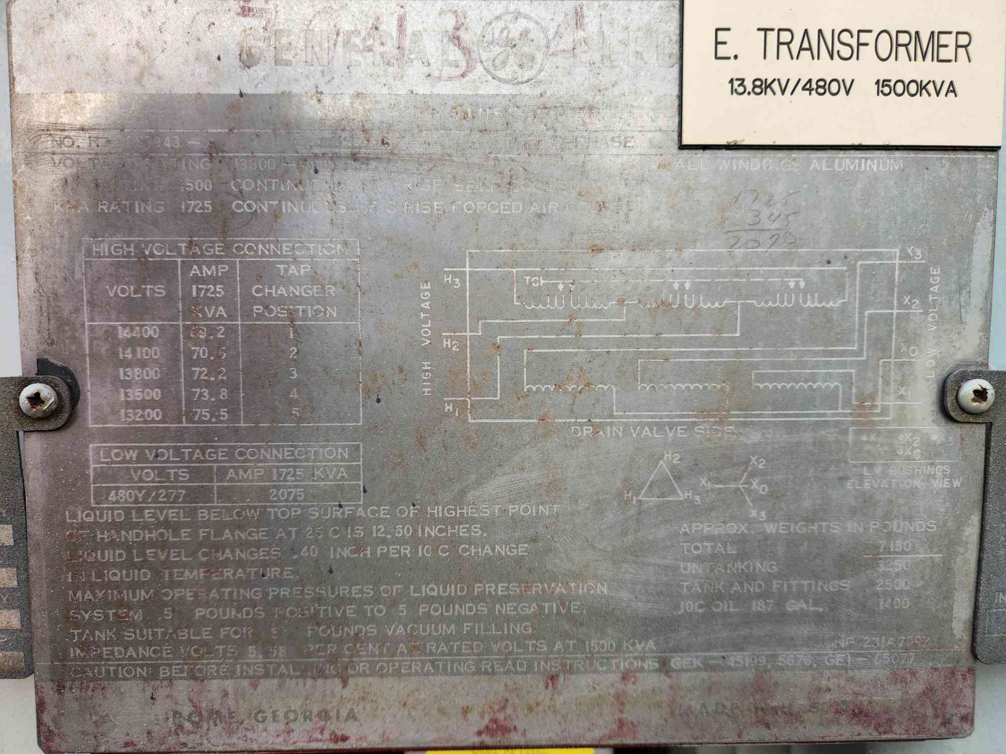 1500/1725 KVA 13800 Primary, 480Y/277 Secondary, General Electric, Substation Transformer, Liquid Filled, 3PH - Image 2