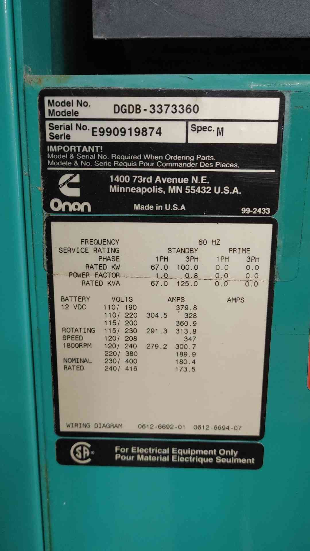 67/100 KW Onan Cummins #DGDB-3373360, diesel generator set, 1 phase, 3 phase, 937.3 hours - Image 3
