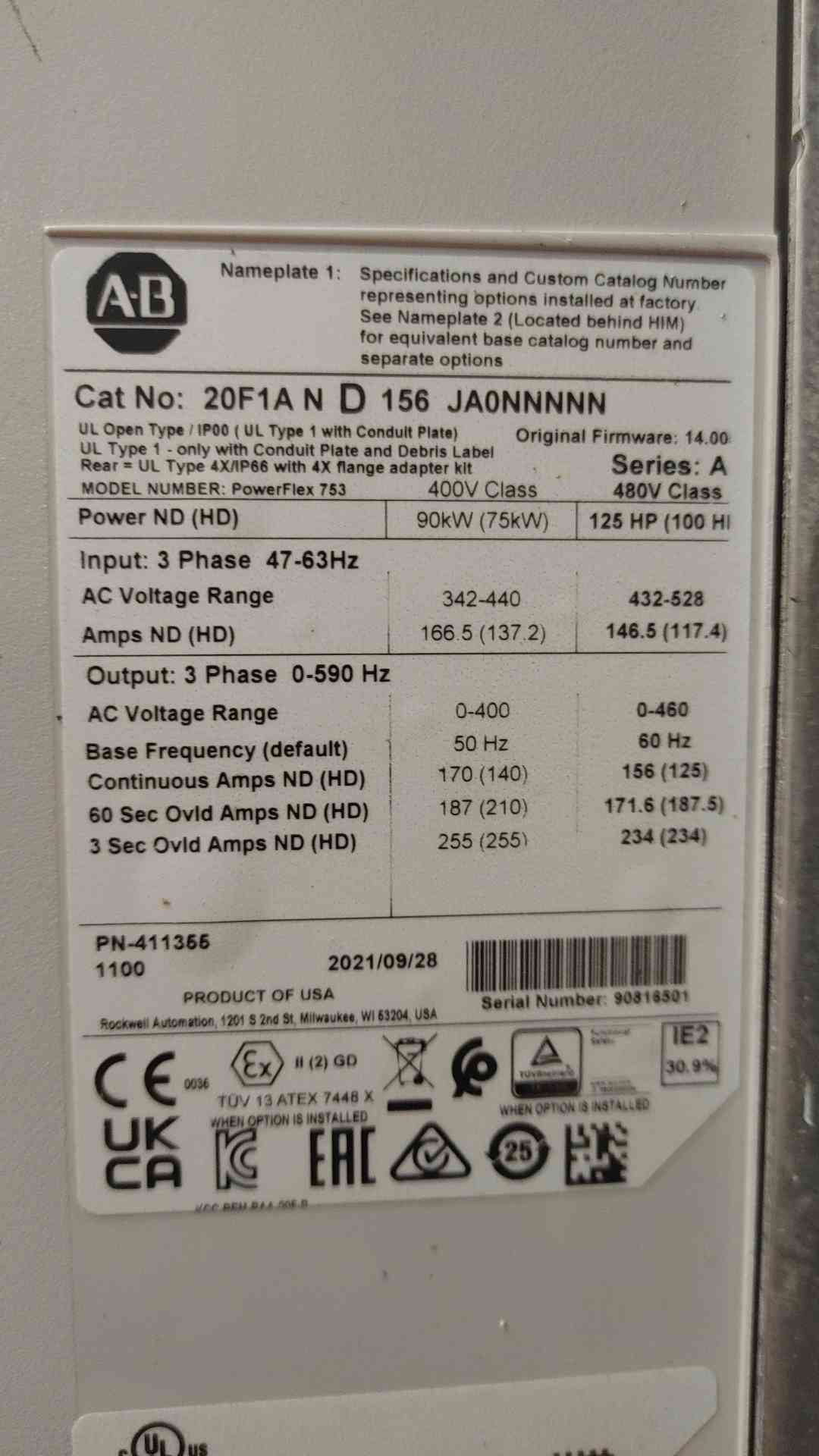 125 HP Allen-Bradley PowerFlex 753, #20F1AND156JA0NNNNN, Variable Frequency Drive, 480 Volts, Drive Enclosure - Image 6