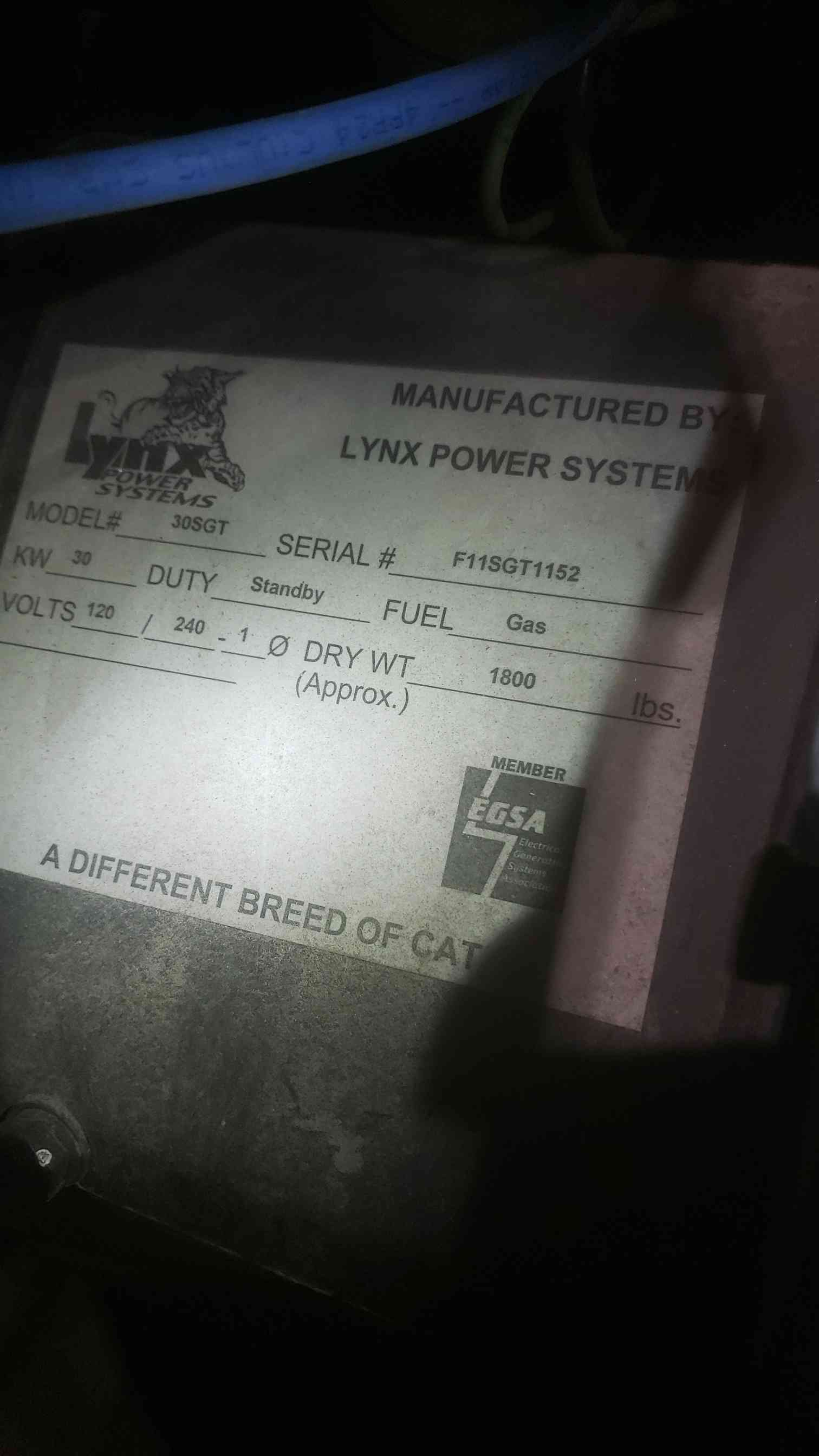 30 KW Lynx Power Systems, Natural Gas / LP Generator Set, 120/240 Volts, 1 phase, 468 hours - Image 3