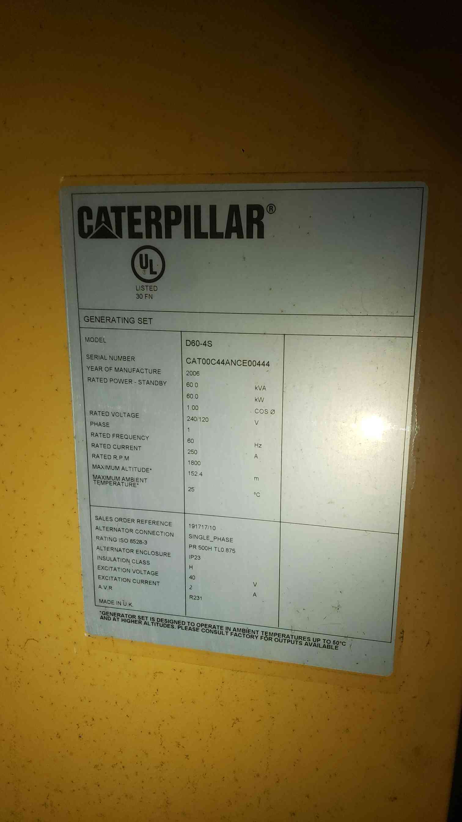 60 KW Caterpillar #D60-4S, diesel generator set, 120/240 Volts, 1 phase, CAT C4.4 Engine, 102 hours, AS IS - Image 7
