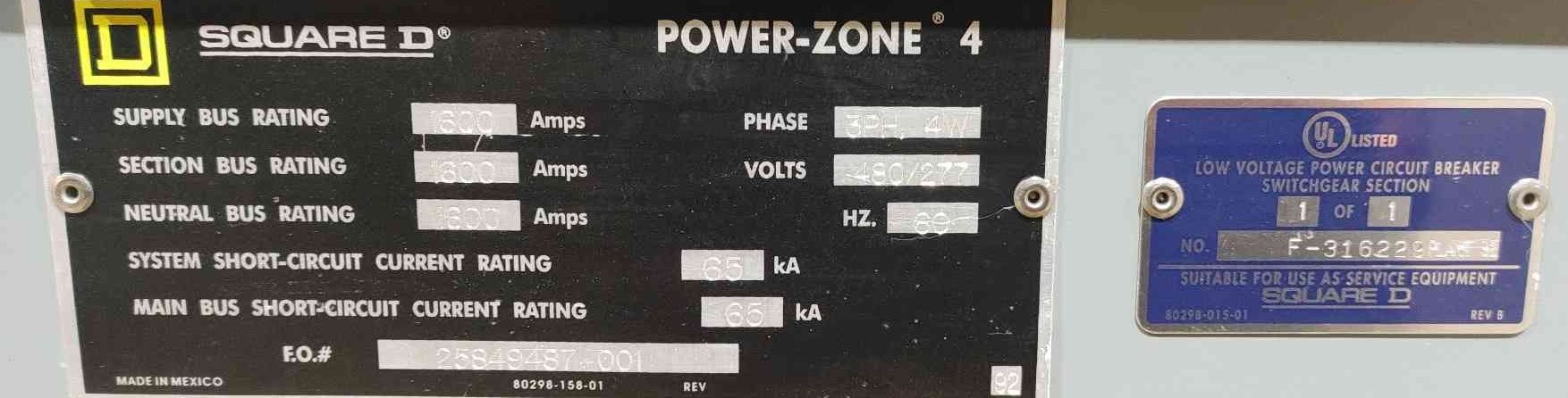 1600 Amps, Square D Power-Zone 4, Indoor Switchgear, 480/277 Volts, 3PH, 4-Wire, Vertical Section, Empty - Image 4