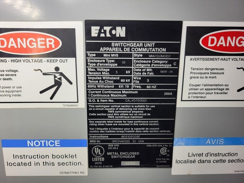 200 Amp. Eaton #MMVS01N010Y, mini-mvs metal-enclosed load interrupter switchgea, 5000 Volts, 3PH, 2014 - Image 2