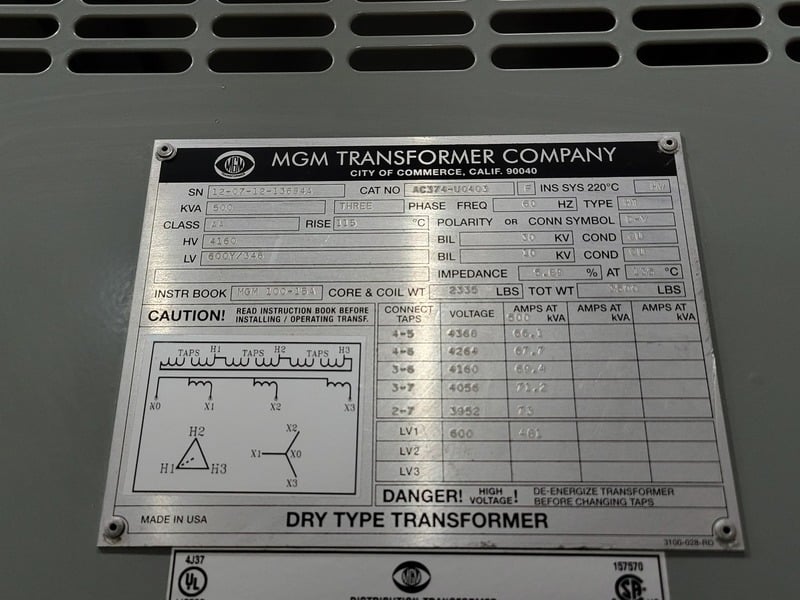 500 KVA 4,160 Primary, 600Y/346 Secondary, MGM #AC374-U0403, Dry Type Isolation Transformer, 3PH - Image 2