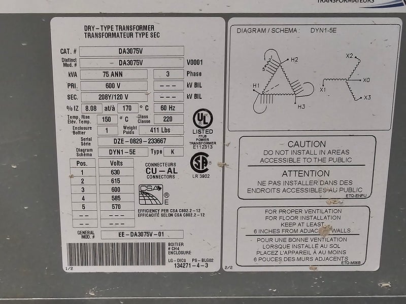 75 KVA 600 Primary, 208Y/120 Secondary, Delta Transformers #DA3075V, Dry Type Isolation Transformer, 3PH - Image 2