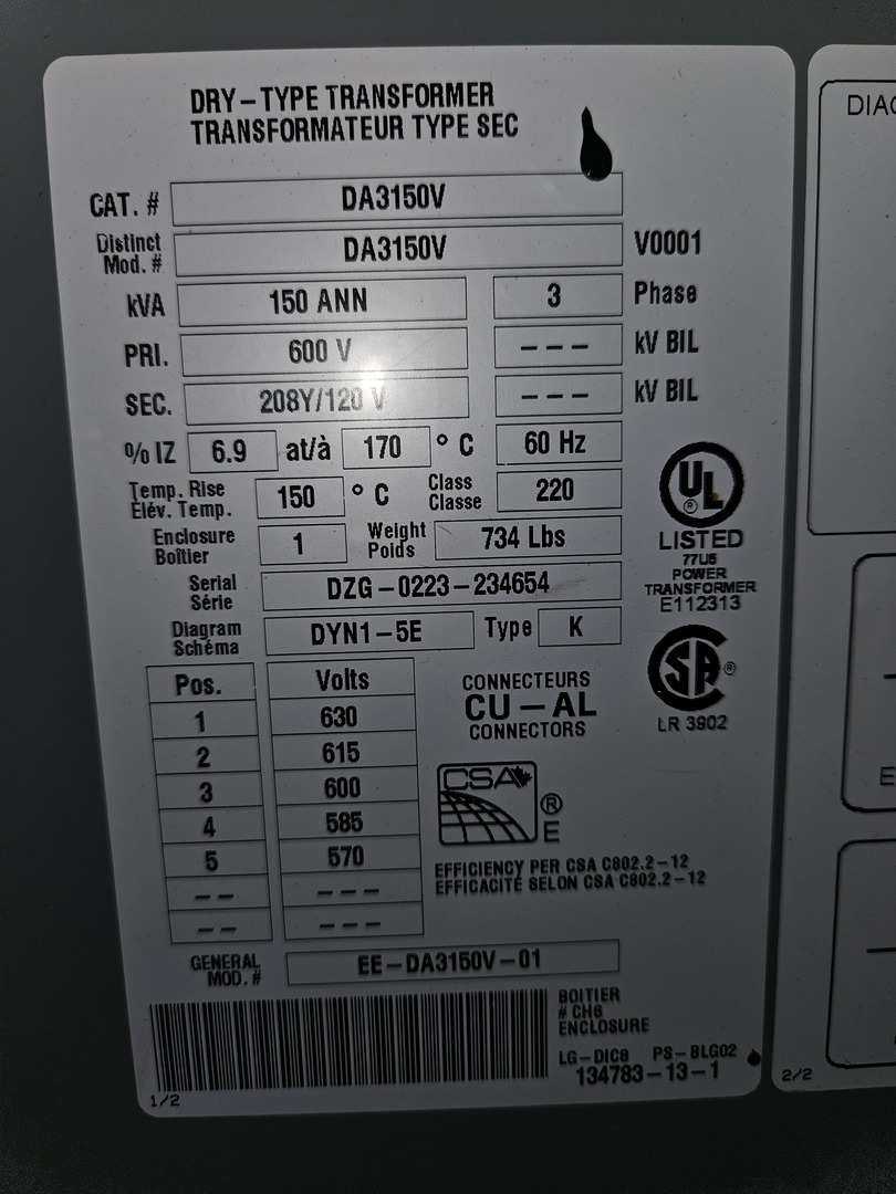 150 KVA 600 Primary, 208Y/120 Secondary, Delta #DA3150V, Dry Type Isolation Transformer on Cart, ground fault - Image 2