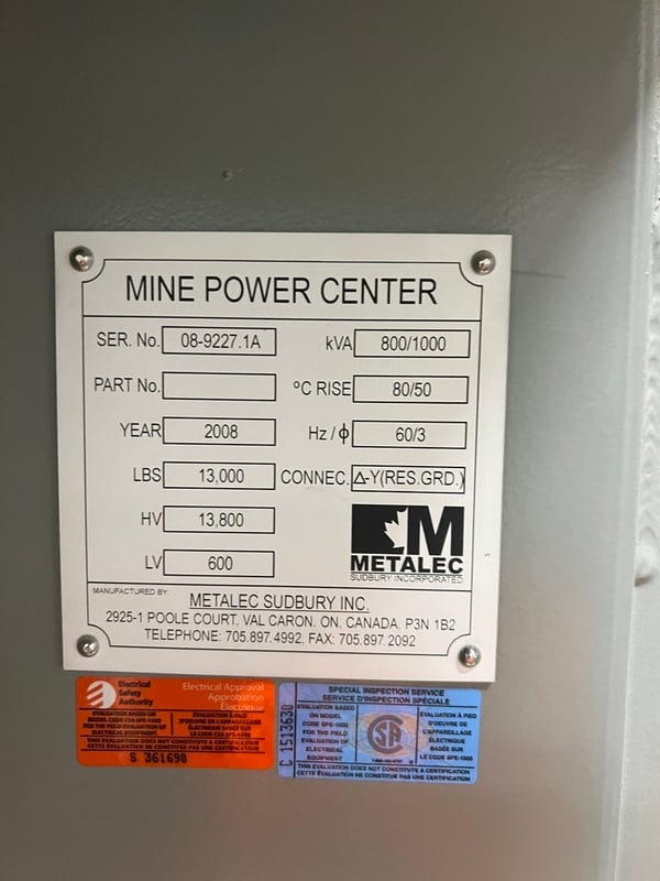600 Amps, Metalec, Underground Substation/Mine Power Center, 800/1000 KVA, 13,800 Pri., 600 Sec., 3PH, 2008 - Image 2