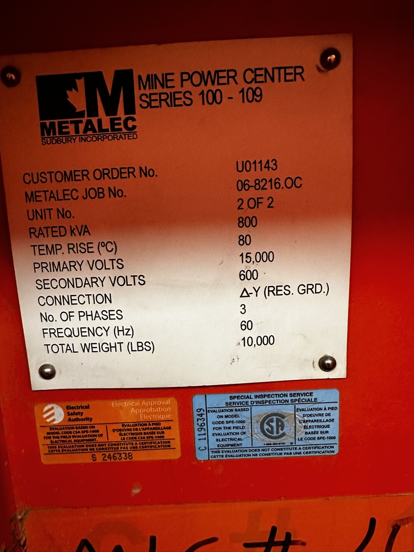 Metalec, Underground Substation/Mine Power Center, 800 KVA, 15,000 Pri., 600 Sec., 3PH, (4 available) - Image 3