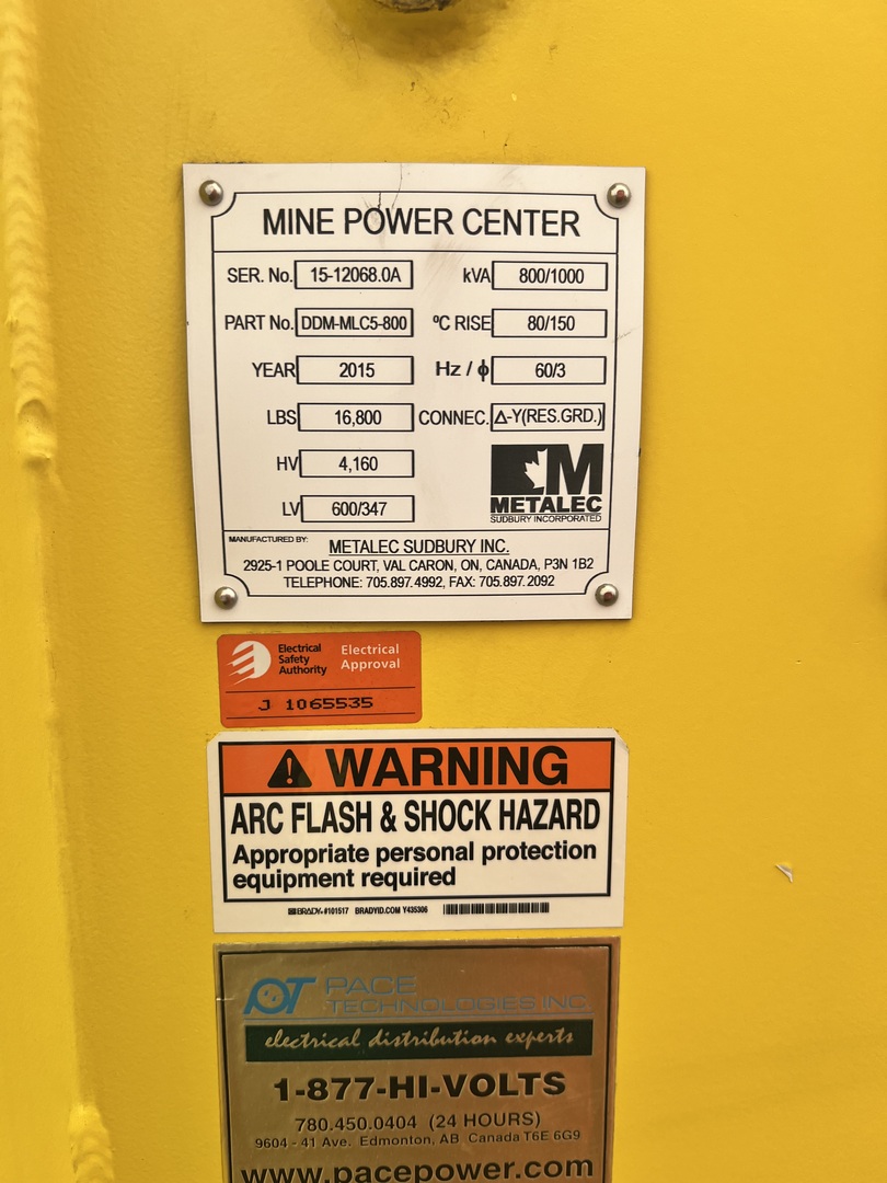 Metalec, Underground Substation/Mine Power Center, 800/1000 KVA, 4,160 Pri., 600/347 Sec., 3PH, 2015 - Image 4