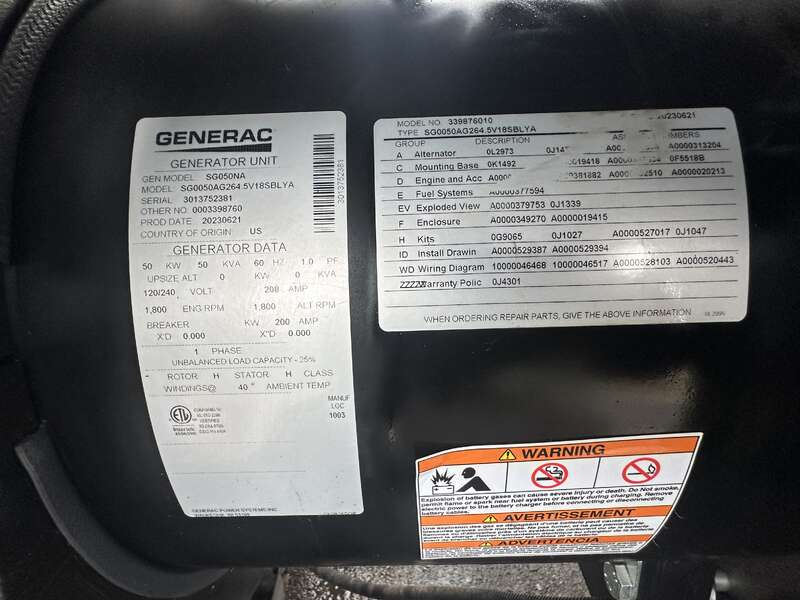 50 KW Generac #SG050NA, NG/LP generator set, 120/240 Volts, 1-phase, 75 HP @ 1800 RPM, Generac 4.5L engine - Image 10