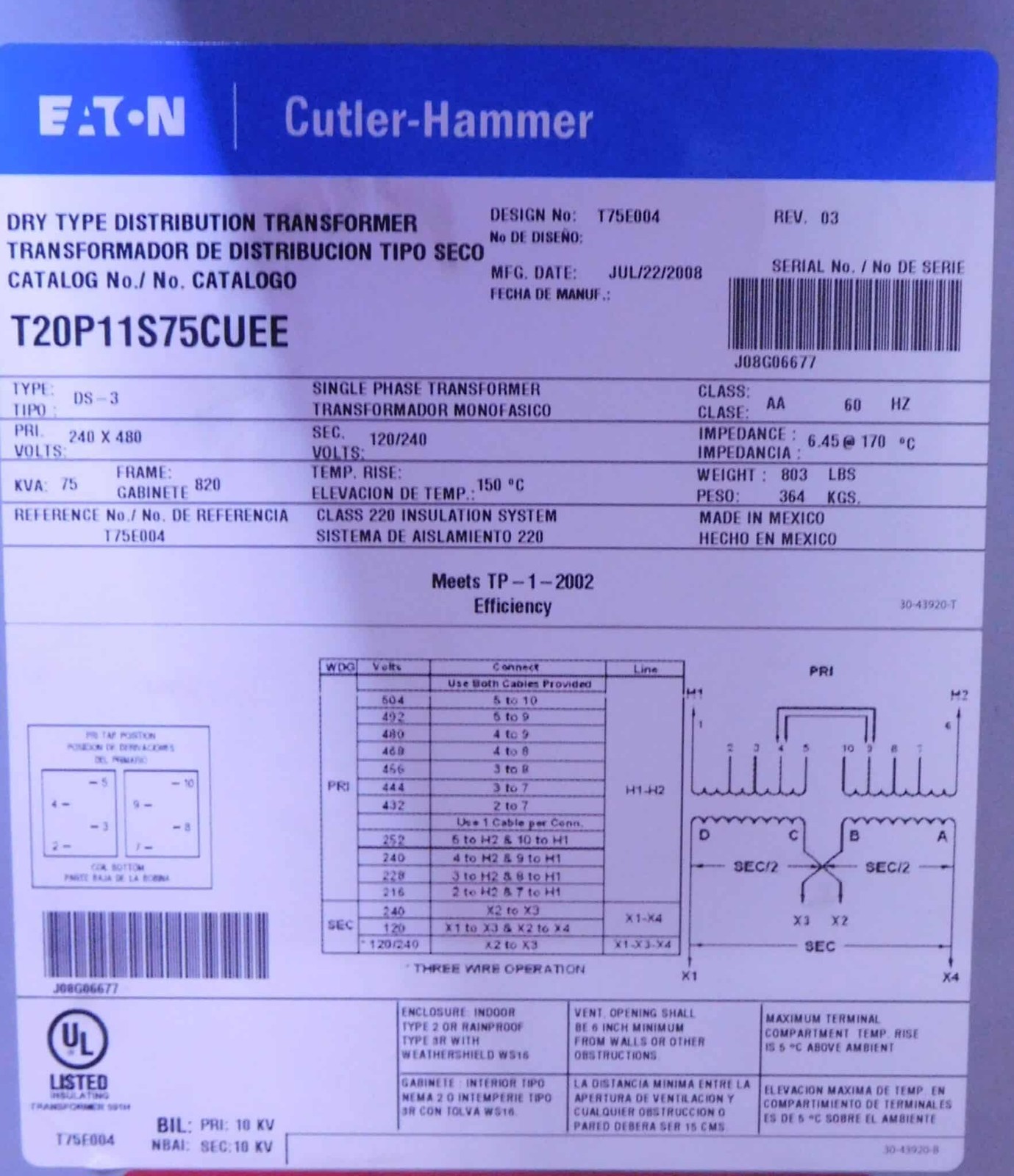 75 KVA 240/480 Primary, 120/240 Secondary, Eaton #T20P11S75CUEE, Transformer, 1 Phase, Type DS-3 - Image 2
