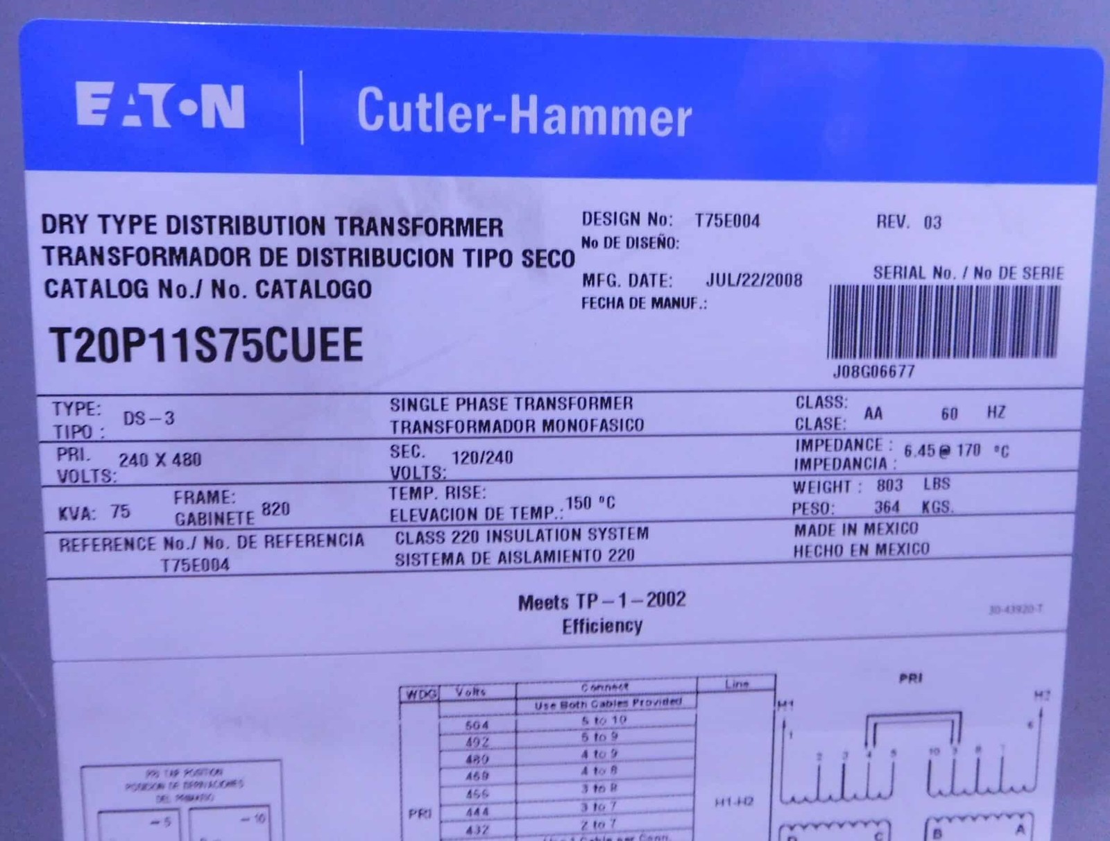 75 KVA 240/480 Primary, 120/240 Secondary, Eaton #T20P11S75CUEE, Transformer, 1 Phase, Type DS-3 - Image 3