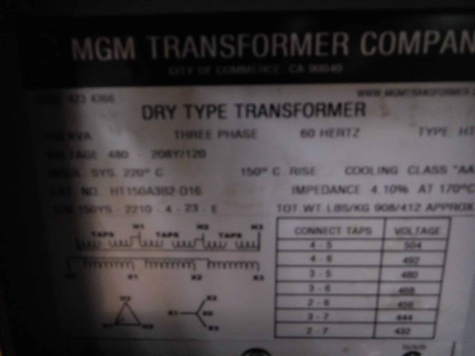 150 KVA 480 Primary, 208Y/120 Secondary, MGM #HT150A3B2-D16, Transformer, 3 Phase, Class AA, new - Image 2